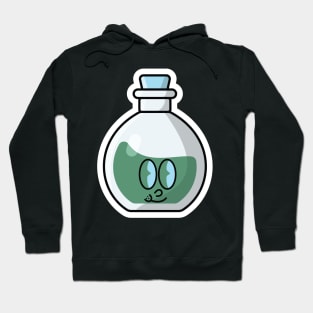 Potion Bottle with Cartoon Character Sticker vector illustration. Science object icon concept. Handsome cartoon with Potion sticker vector design. Cartoon character drink design. Hoodie